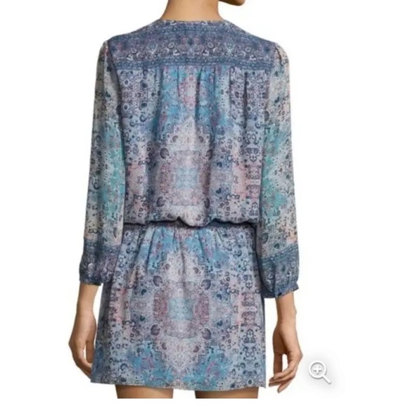 Joie Aidee Blue Printed Silk Chiffon Long Sleeve Mini Dress Large - Picture 8 of 9